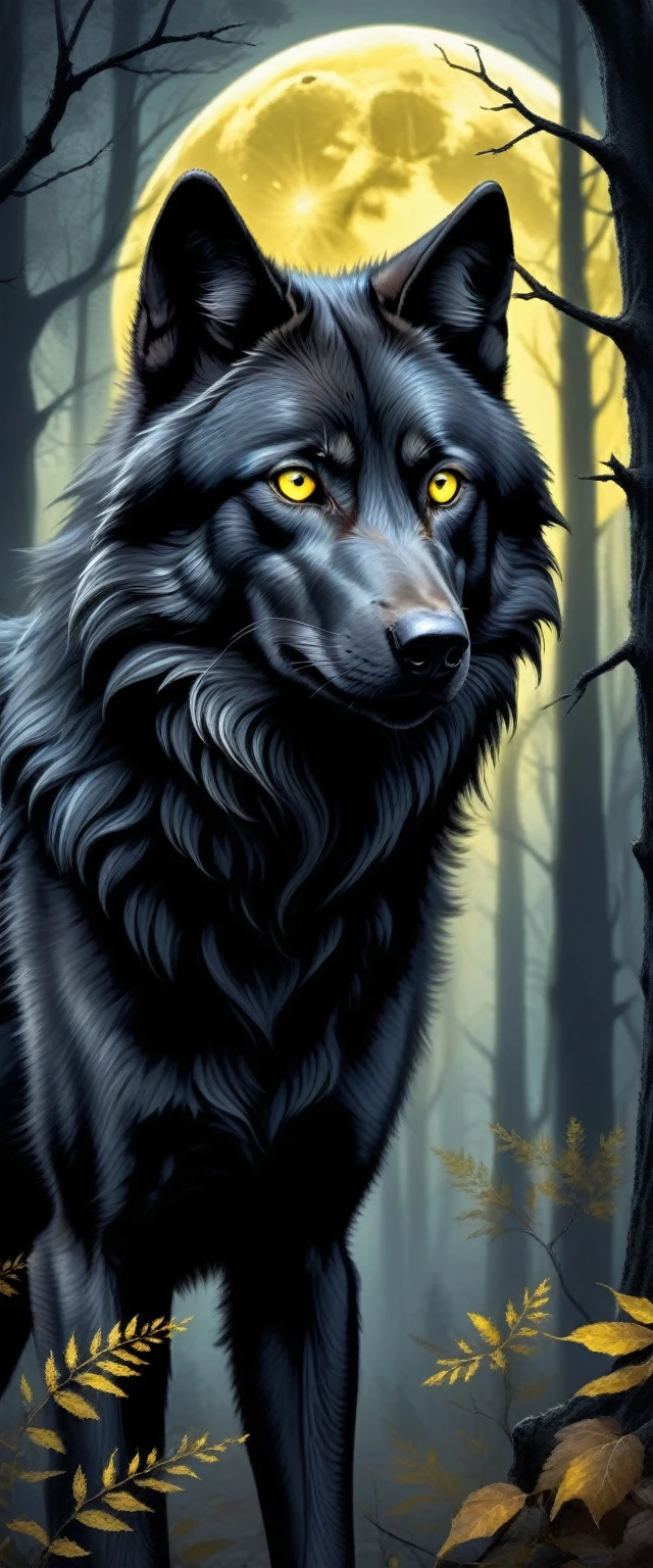 black wolf with yellow eyes in the forest,realistic,highres,ultra-detailed,wildlife,night scene,moonlit,ominous shadows,dense foliage,quiet ambiance,majestic creature,poised,alert,sharp-pointed ears,fierce gaze,powerful presence,untamed beauty,ominous,striking contrast,fearsome predator,graceful and stealthy movements,dark and mysterious habitat,howl in the distance,black fur glimmering under moonlight,pristine and untouched environment,mystical atmosphere,vivid colors,whisper of the wind,rustling leaves,slender and muscular frame