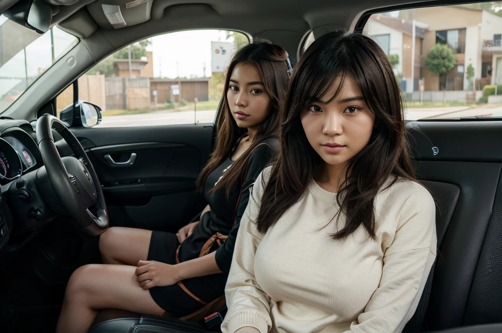 Asian girl 19-year-old Hairstyle Casual, F Cup Breasts wearing crewneck dress in car amd driving the car with her africa friend