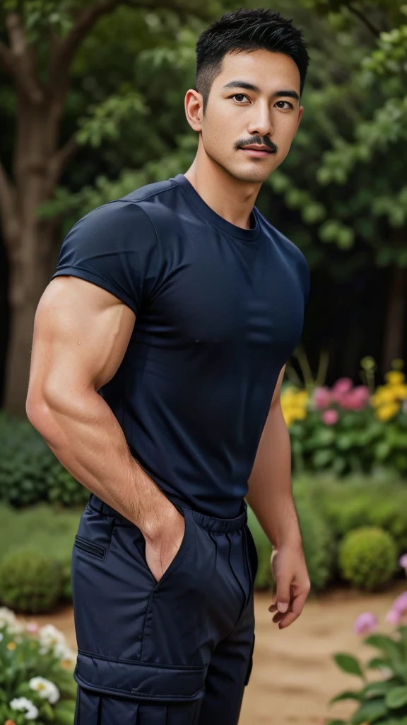 Masterpiece, best quality, high resolution, realistic, handsome, Take beautiful photos, Photo of the 35 year old gym association (The man has a thin mustache.) ,Full body, Portrait, standing in the garden , make military media, weight, Amazing , Buzzcut short hair,stubble head , (Hyper Muscle),looking at the audience, Flirt with the camera, charming, (Tight navy blue workout shirt. Cargo pants ),(GS-Male:1), 8K,Bokeh,Portrait,look at the viewer,
