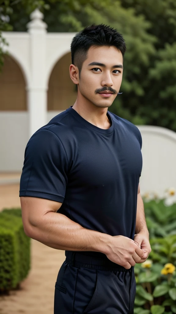Masterpiece, best quality, high resolution, realistic, handsome, Take beautiful photos, Photo of the 35 year old gym association (The man has a thin mustache.) ,Full body, Portrait, standing in the garden , make military media, weight, Amazing , Buzzcut short hair,stubble head , (Hyper Muscle),looking at the audience, Flirt with the camera, charming, (Tight navy blue workout shirt. Cargo pants ),(GS-Male:1), 8K,Bokeh,Portrait,look at the viewer,