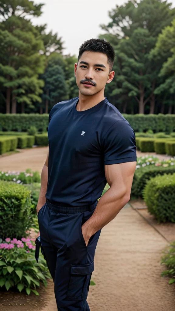 Masterpiece, best quality, high resolution, realistic, handsome, Take beautiful photos, Photo of the 35 year old gym association (The man has a thin mustache.) ,Full body, Portrait, standing in the garden , make military media, weight, Amazing , Buzzcut short hair,stubble head , (Hyper Muscle),looking at the audience, Flirt with the camera, charming, (Tight navy blue workout shirt. Cargo pants ),(GS-Male:1), 8K,Bokeh,Portrait,look at the viewer,