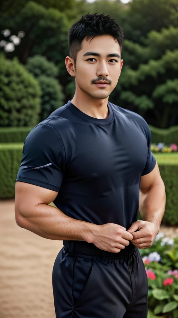Masterpiece, best quality, high resolution, realistic, handsome, Take beautiful photos, Photo of the 35 year old gym association (The man has a thin mustache.) ,Full body, Portrait, standing in the garden , make military media, weight, Amazing , Buzzcut short hair,stubble head , (Hyper Muscle),looking at the audience, Flirt with the camera, charming, (Tight navy blue workout shirt. Cargo pants ),(GS-Male:1), 8K,Bokeh,Portrait,look at the viewer,