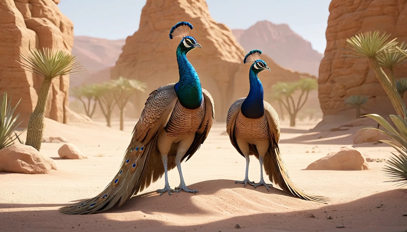 In a stunning 3D scene，In the desert oasis，There are three light brown peacocks standing on the ground，There are four little peacocks standing next to it
