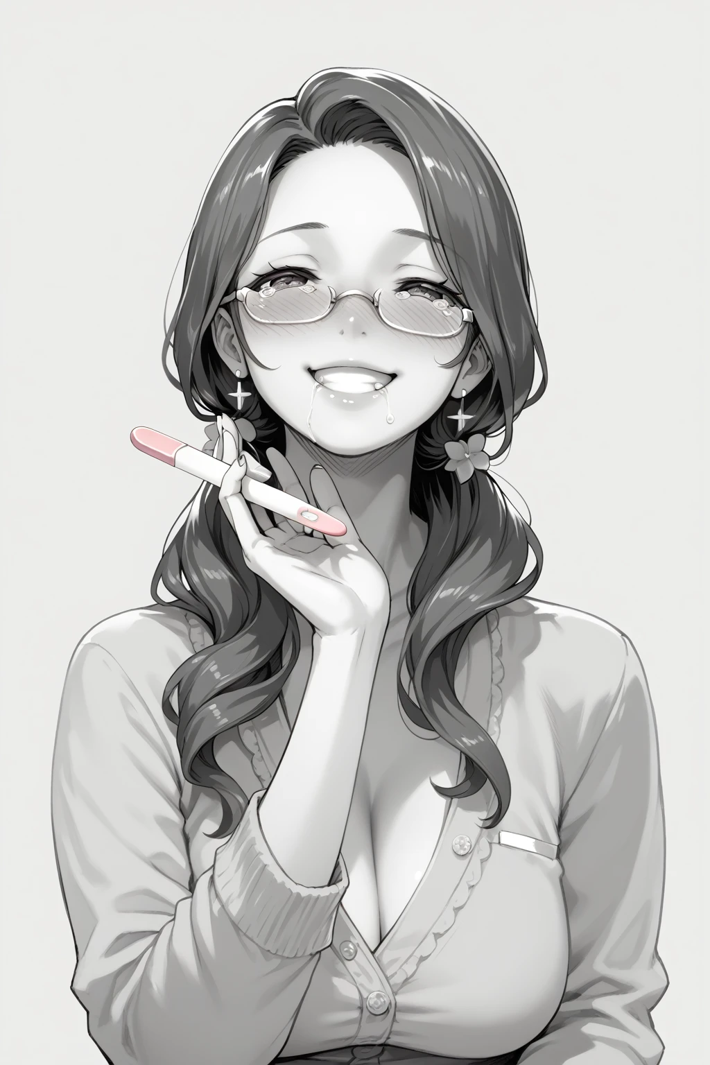 score_9, score_8_superior, score_7_superior, evaluation_Explicit,
Break 1 Girl, Mature Woman, mature, Long Hair, Tied Hair, Semi-rimless eyewear, smile, Happy expression, Have a pregnancy test, Happy Tears, Blushing,