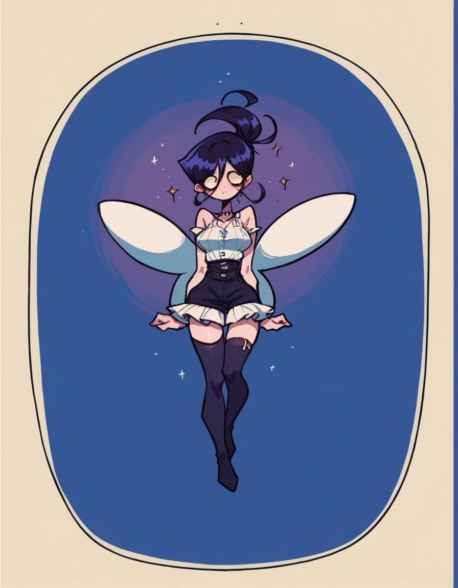 1 Girl, Lilawil, Blue Hair, blue eyes, short hair, Black cape, skirt, White pantyhose, Blue Devil Wings, Blue glasses, Mini has,, indoors, hiding place, architecture, Two Q version little tigers,food,phantom thief hiding place,, ,
