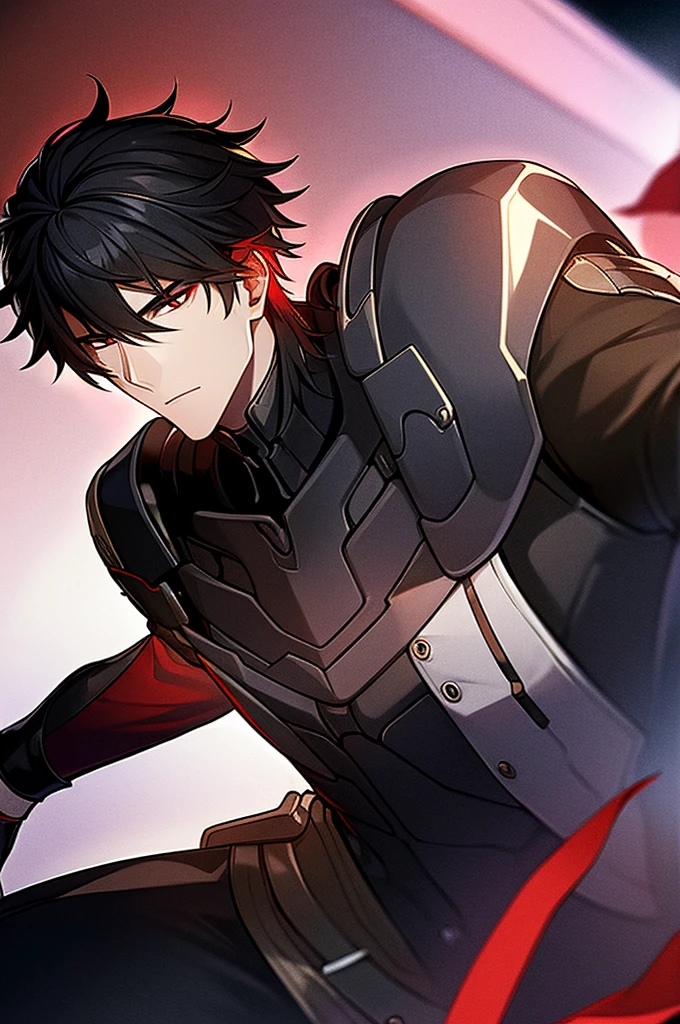 Man with black hair, dark eyes and black armor with red details with a black rose. With the face of a handsome man (detailed in Full HD 4K) 