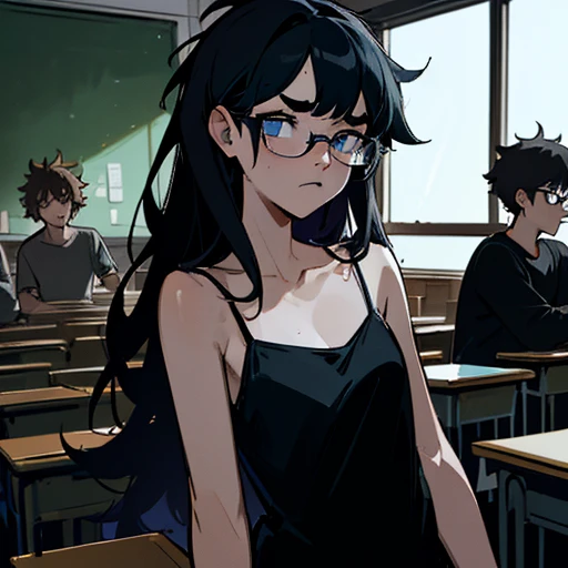  (Best Quality: 1.0), (Ultra High Resolution: 1.0), (Masterpiece), Detailed Face, Group of People, Boys, (Scared Expressions on Their Faces), Classrooms Are People, (Background in Classroom), Bloodstains, volumetric lighting, ambient lighting, highres, masterpiece, 8k, (dark blue eyes with dark circles), tired, melancholy, depressed, detailed black hair, (messy hair), long hair, disheveled, unwashed, thick eyebrows, black camisole, (wearing glasses),