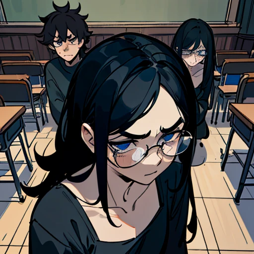  (Best Quality: 1.0), (Ultra High Resolution: 1.0), (Masterpiece), Detailed Face, Group of People, Boys, (Scared Expressions on Their Faces), Classrooms Are People, (Background in Classroom), Bloodstains, volumetric lighting, ambient lighting, highres, masterpiece, 8k, (dark blue eyes with dark circles), tired, melancholy, depressed, detailed black hair, (messy hair), long hair, disheveled, unwashed, thick eyebrows, black camisole, (wearing glasses),