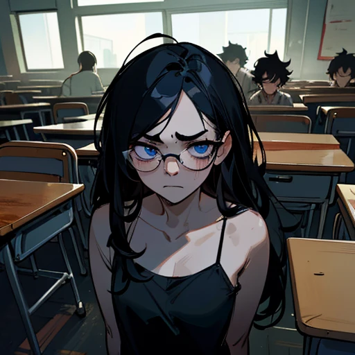  (Best Quality: 1.0), (Ultra High Resolution: 1.0), (Masterpiece), Detailed Face, Group of People, Boys, (Scared Expressions on Their Faces), Classrooms Are People, (Background in Classroom), Bloodstains, volumetric lighting, ambient lighting, highres, masterpiece, 8k, (dark blue eyes with dark circles), tired, melancholy, depressed, detailed black hair, (messy hair), long hair, disheveled, unwashed, thick eyebrows, black camisole, (wearing glasses),