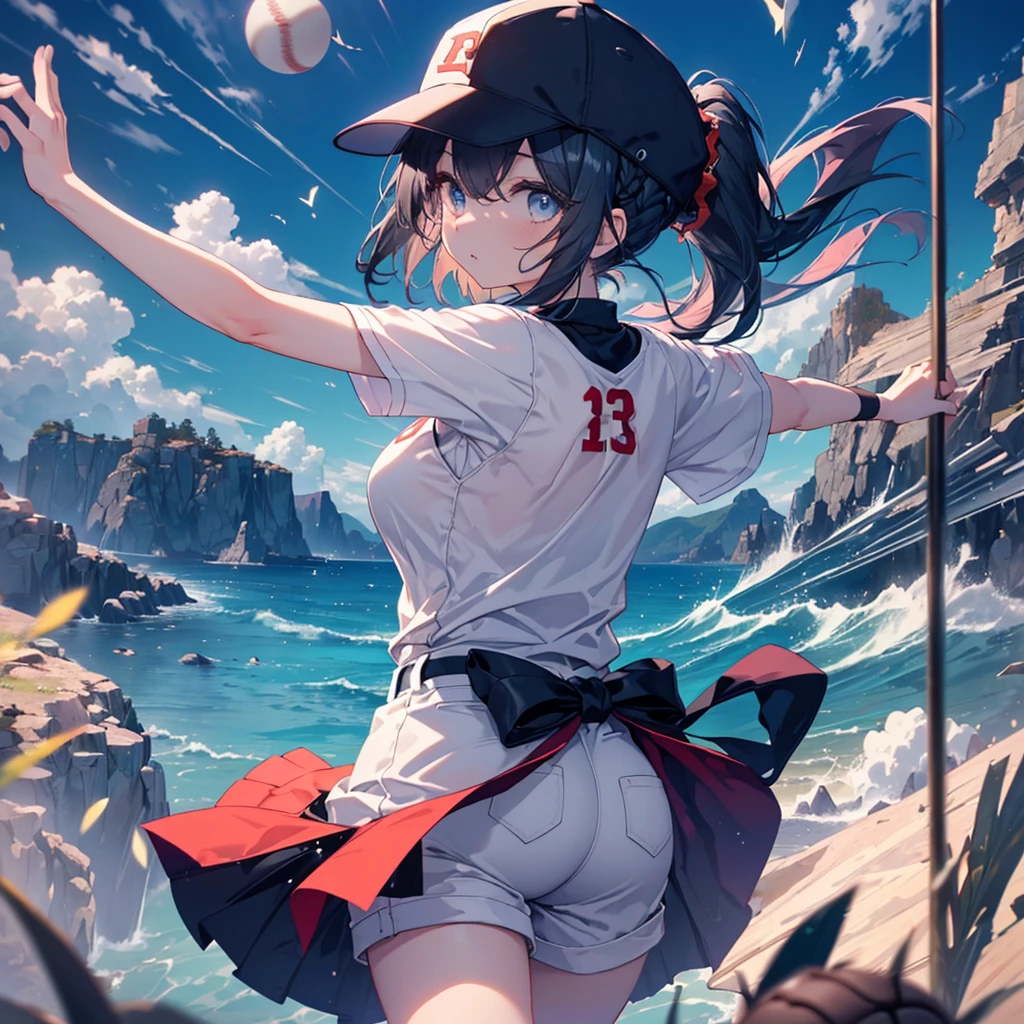 Highest quality、High resolution、Detailed Background、Beautiful Face、High detail、(Perfect Anatomy, Perfect Style)、(Detailed facial expressions)、(fine grain:1.2)、Teenage Beauty、(aerial view:1.2, wide shoot:1.3, whole body:1.3), One Girl、Cute black hair、Deep blue eyes、Braided Ponytail, Braided bob cut, Early morning baseball field, Only one hand is wearing a baseball glove、Amazing jump height:1.3, Floating in the air in a stretching position:1.3, Raise gloved hands high above head、Stretch to the limit、Baseball ball in glove:1.3, ((shoot from behind:1.3, avert your eyes:1.3)), (Baseball cap、T-Shirts、Shorts, socks、spike)、(Large Breasts:1.2, Pointed Chest:1.2, High chest:1.2), ((run away from viewer:1.2)), Running after a flying ball、