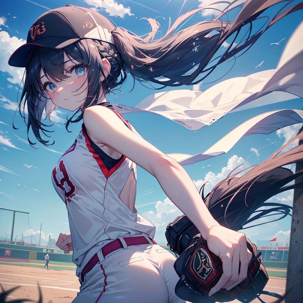 Highest quality、High resolution、Detailed Background、Beautiful Face、High detail、(Perfect Anatomy, Perfect Style)、(Detailed facial expressions)、(fine grain:1.2)、Teenage Beauty、(aerial view:1.2, wide shoot:1.3, whole body:1.3), One Girl、Cute black hair、Deep blue eyes、Braided Ponytail, Braided bob cut, Early morning baseball field, Only one hand is wearing a baseball glove、Amazing jump height:1.3, Floating in the air in a stretching position:1.3, Raise gloved hands high above head、Stretch to the limit、Baseball ball in glove:1.3, ((shoot from behind:1.3, avert your eyes:1.3)), (Baseball cap、T-Shirts、Shorts, socks、spike)、(Large Breasts:1.2, Pointed Chest:1.2, High chest:1.2), ((run away from viewer:1.2)), Running after a flying ball、
