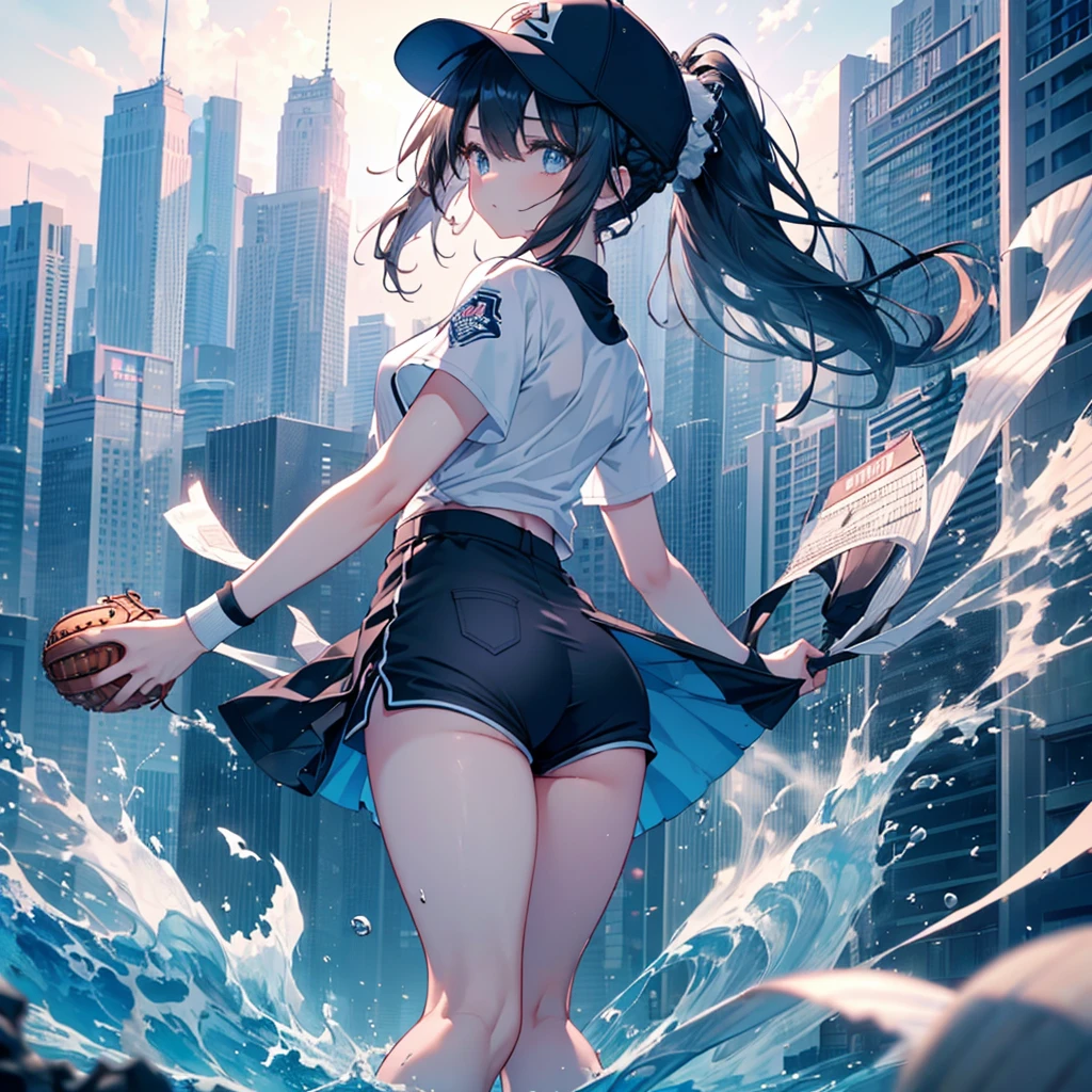 Highest quality、High resolution、Detailed Background、Beautiful Face、High detail、(Perfect Anatomy, Perfect Style)、(Detailed facial expressions)、(fine grain:1.2)、Teenage Beauty、(aerial view:1.2, wide shoot:1.3, whole body:1.3), One Girl、Cute black hair、Deep blue eyes、Braided Ponytail, Braided bob cut, Early morning baseball field, Only one hand is wearing a baseball glove、Amazing jump height:1.3, Floating in the air in a stretching position:1.3, Raise gloved hands high above head、Stretch to the limit、Baseball ball in glove:1.3, ((shoot from behind:1.3, avert your eyes:1.3)), (Baseball cap、T-Shirts、Shorts, socks、spike)、(Large Breasts:1.2, Pointed Chest:1.2, High chest:1.2), ((run away from viewer:1.2)), Running after a flying ball、