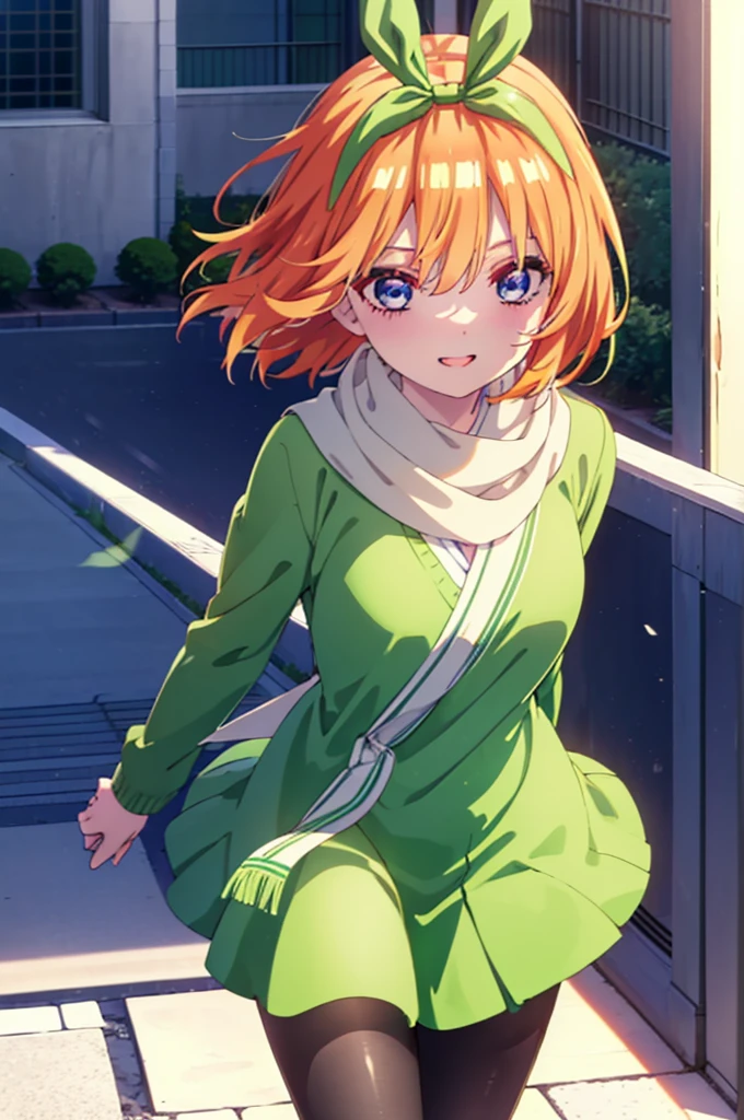 Yotsubanakano, Yotsuba Nakano, bangs, short hair, blue eyes, Hair between the eyes, hair ribbon, hair band, Orange Hair, (Green ribbon:1.5), smile, Grin,Green long coat,V-neck sweater,White scarf,Long skirt,Black pantyhose,It&#39;s snowing,Snow is piled up,evening,sunset,The sun is setting,Walking,So that the whole body goes into the illustration,
break ourdoors, Building district,
break looking at viewer, Walking,
break (masterpiece:1.2), Highest quality, High resolution, unity 8k wallpaper, (figure:0.8), (Beautiful attention to detail:1.6), Highly detailed face, Perfect lighting, Highly detailed CG, (Perfect hands, Perfect Anatomy),