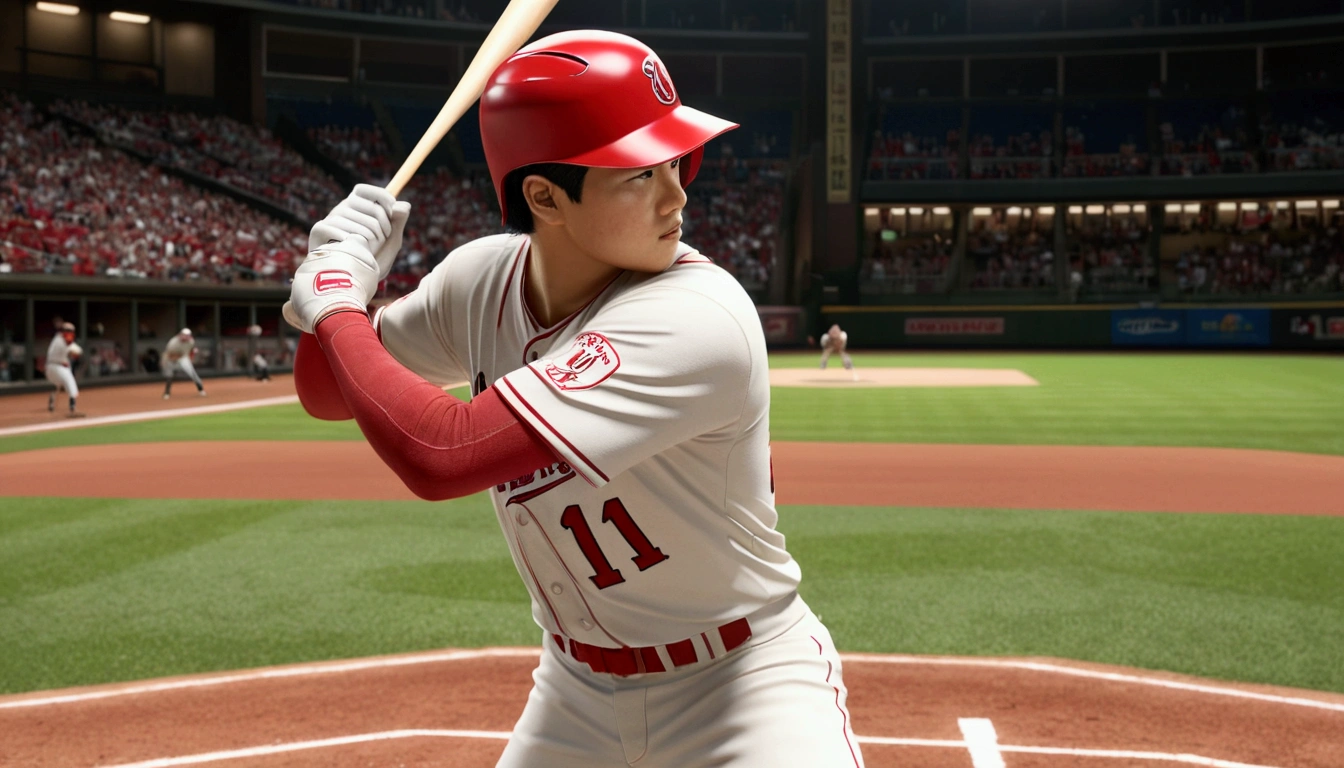 1boy, Shohei Ohtani, baseball player, batting stance, hitting home run, cinematic angle, detailed facial features, realistic, hyper-realistic, photorealistic, (best quality,4k,8k,highres,masterpiece:1.2),ultra-detailed,(realistic,photorealistic,photo-realistic:1.37),studio lighting,vivid colors,dramatic lighting