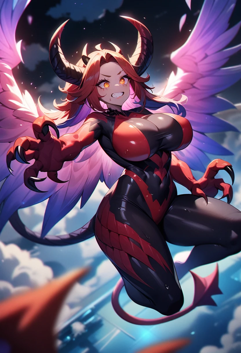 1girl,solo,super detailed skin,shiny skin,wet oily skin, natural face,majestic wings,majestic devil tail,demon skin, detailed eyes,eyelashes,Clenching teeth,small claws,majestic horns ,large breasts,beautifully shaped breasts, fluffy body hair ,vibrant colors,flying ,wide shot,night,cloud focus,masterpiece,best quality,ultra detailed,high resolution,sharp focus,depth of field,