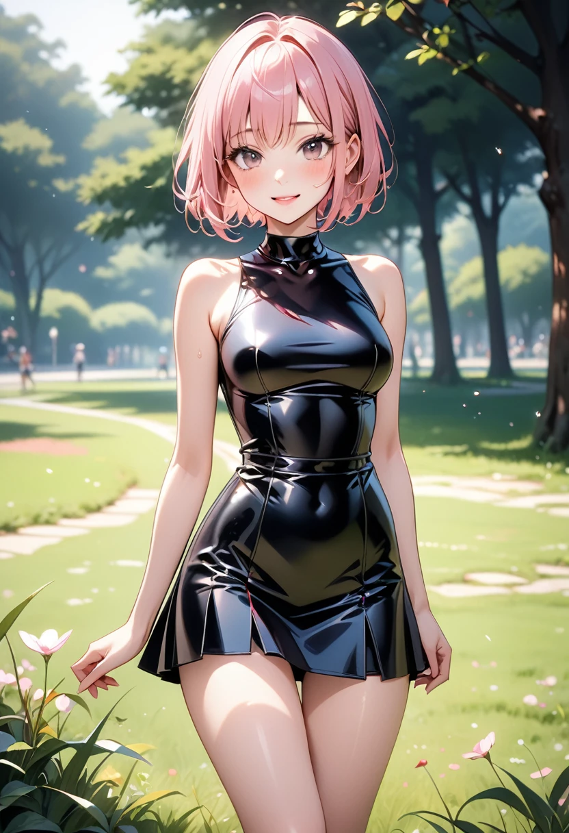 ((Sexy high waist skirt dress)), Gloss Outfit, skinny, solo, 1 woman, Masterpiece, highest quality, highest quality, 16K, incredibly absurd, highly detailed, 2.5D, ai-generated, delicate and dynamic, very delicate facial expressions, delicate eye depiction, ??????, only sexy woman, ((A cute and kind face)), healthy figure, ((25-year-old woman)), 160cm tall, medium firm swaying bust, (short hair), (pink hair:1.5), bob cut, black eye, blush, Sweat,Embarrassed,sexy, ((thin thighs)), (camel toe:0.8), (????? nipples:0.9), (visible nipples:0.9), ((shiny and lustrous)), facing straight at viewer, smile, (standing), cowboy shot, ((arm at side)), Large park, daytime, bright, on the grass,