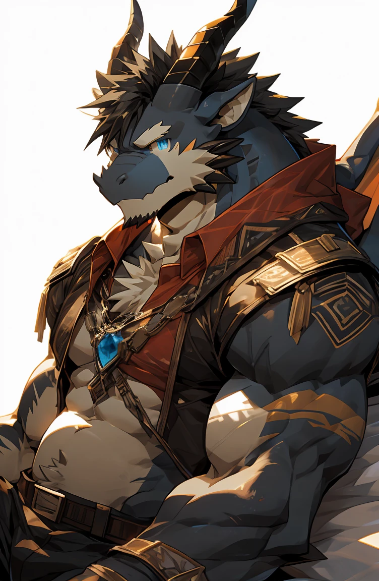 (by sollyz),dragon,white and black body,detail face, detail eyes, detail,male,(naked),pants,furry, short hair,(mercenary),belly
,blue eyes,black body,black hair,handsome,simple white background,,bed,
strong,epic,
