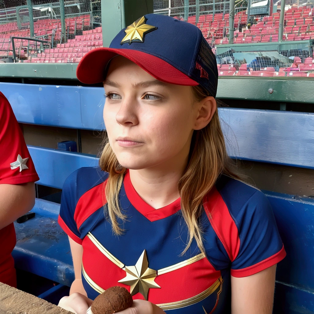 (Brea Larson, age 25, Captain Marvel, baseball cap, chewing tobacco) she is pitching the baseball, crowded dugout, baseball game, show all of her