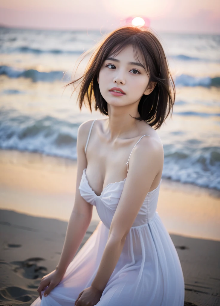 20year old beautiful girl、Beauty、Japanese、cute、beautiful girl、slim、Highest quality、Realistic、16K、panoramic、((Best Quality, 8K, Masterpiece: 1.3)), 1 girl, full body, slim face, beautiful woman, One Girl、Small face、Cute face、Grey Hair:1.5、Bob Hair、short hair、looking at the camera、Small breasts、Malaise、(((camisole、dress)))、Particles of light、Sunset sea、Calm sea、White sand beach、Very beautiful sunset、RAW Photos、Highest quality、High resolution、High resolution、masterpiece:1.3、、１２ｋ、Professional Photographer、