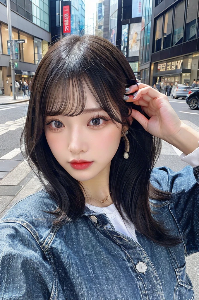 （NSFW,Y2K Fashion、Low rise jeans）、Bob Hair、Beauty、double eyelids、Tear bags、Big, round eyes、Long eyelashes）、highest quality、Harajuku Street