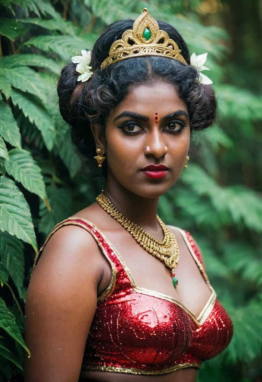 (((photo of a ancient kerala crowned temple goddess ))), (((black kali))) , (((Half Body))), (((very dark skin))), (((age 18+))), (((plus size chubby tall))), (((huge busty milky wet big massive boobs))), (((nude thick thigh))), (((ancient black mini skirt))), ((black skin dark body)), (((red ornaments))), (((depth of field))), ((( flame bokeh))), (((rain))), ((( flashing light leaks))), (((divine))), photorealistic,photo, realism, Getty Images, RAW candid cinema, 16mm, colour graded portra 400 film, remarkable colour, ultra realistic, textured skin, remarkable detailed pupils, realistic dull skin noise, visible skin detail, skin fuzz, dry skin, shot with cinematic,light leaks, RAW Image, DOF, depth of field,bokeh,mylocalgirl