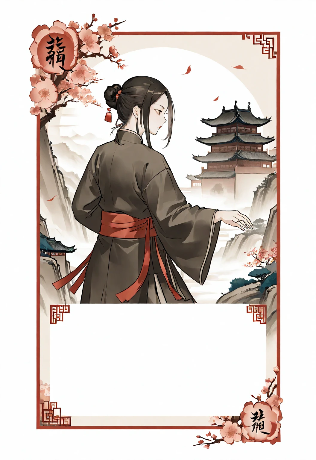 A card border UI，Chinese classical martial arts style，Ink painting style，Suspense style，Profile Style。There is a number &quot;5&quot; in the upper left corner of the card border.，Leave a square blank space in the middle，No characters，Freehand ink painting，Declaring a sense of paper。