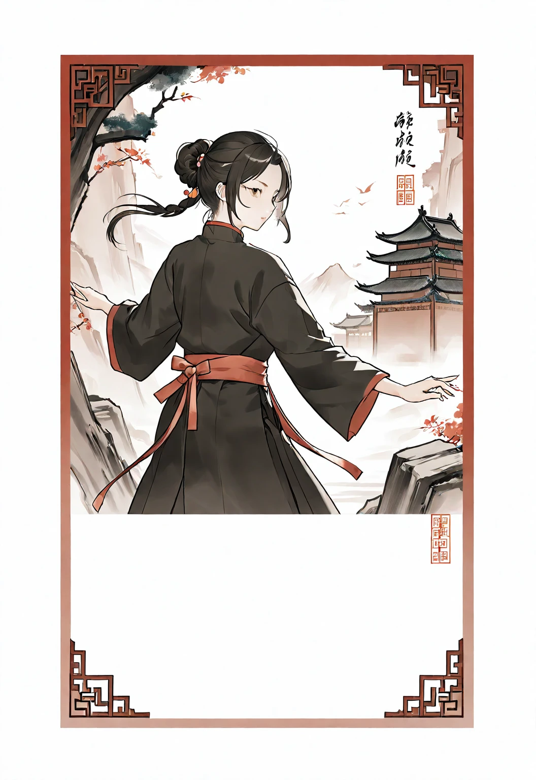 A card border UI，Chinese classical martial arts style，Ink painting style，Suspense style，Profile Style。There is a number &quot;5&quot; in the upper left corner of the card border.，Leave a square blank space in the middle，No characters，Freehand ink painting，Declaring a sense of paper。