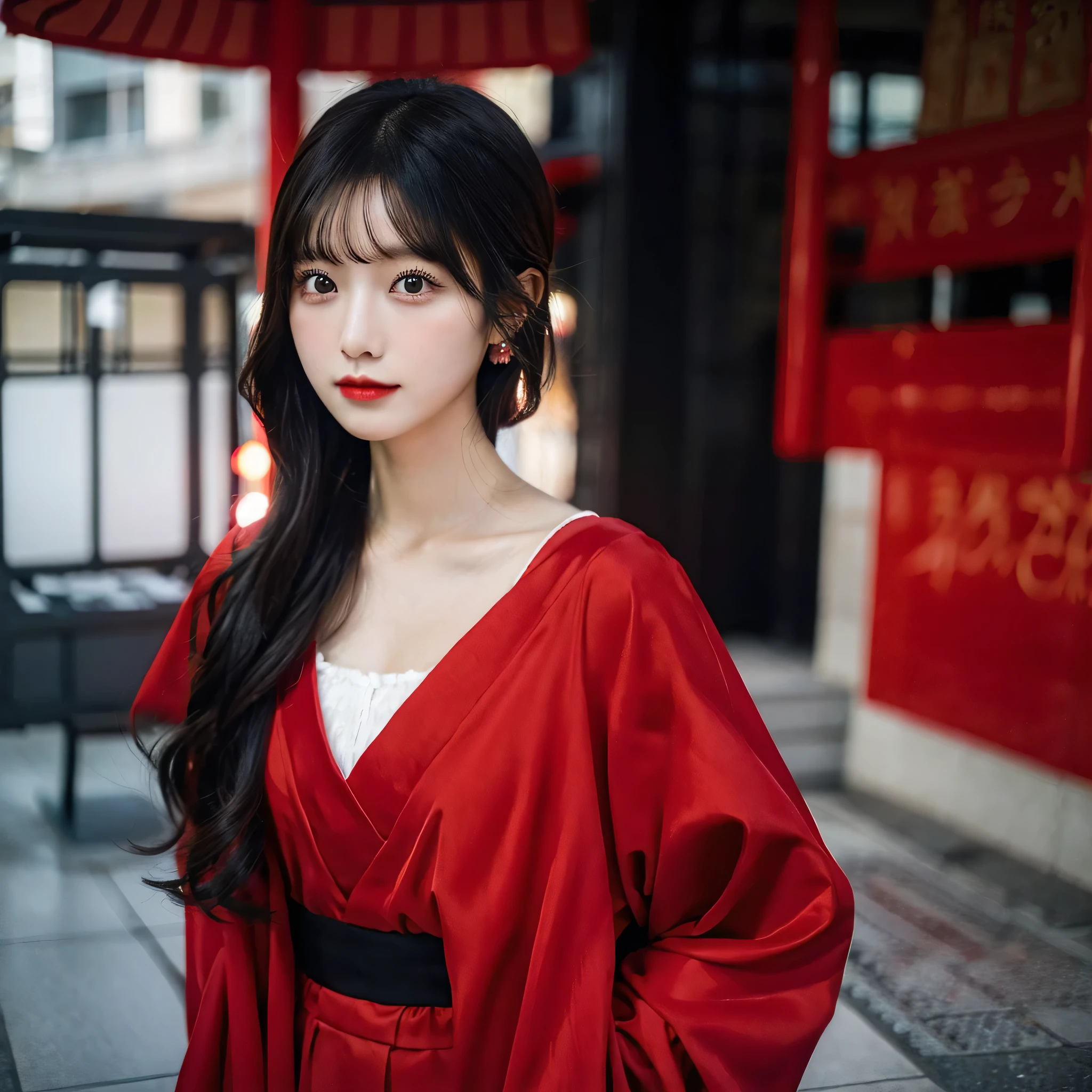 Black hair girl, red dress, japnese, masterpiece
