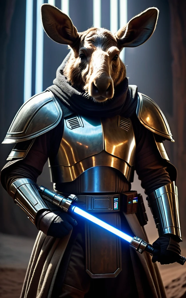 cinematic star wars, moose humanoid jedi knight, extremely detailed face and features, , intricate armor, glowing lightsaber, dramatic lighting, epic fantasy, muted color palette, cinematic composition, hyper realistic, 8k, high quality, masterpiece