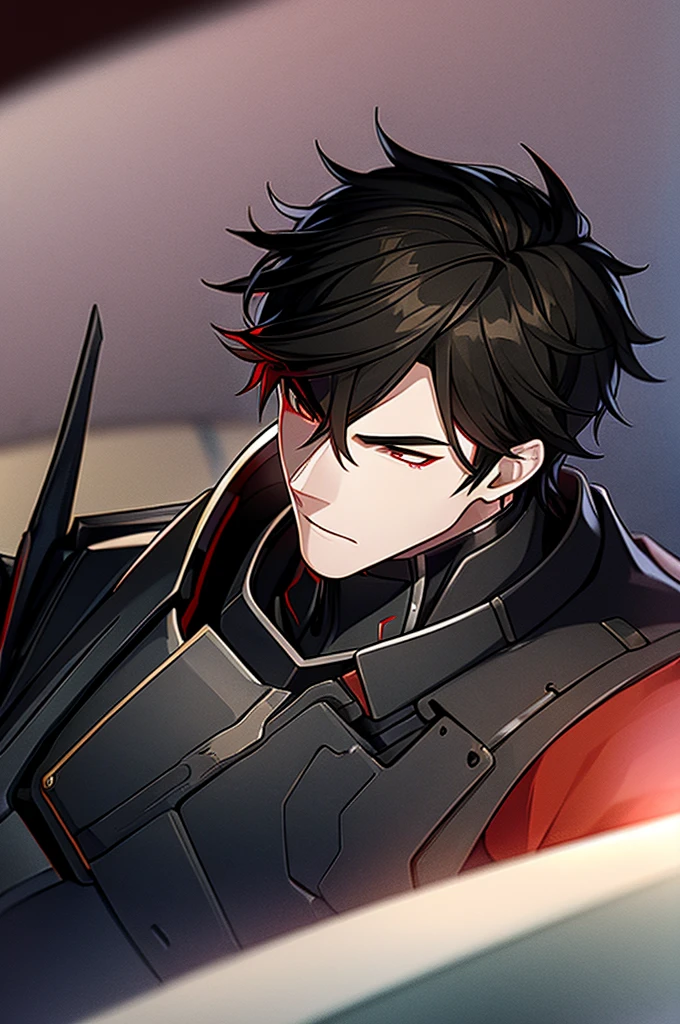 Man with black hair, dark eyes and black armor with red details with a black rose. With the face of a handsome man (detailed in Full HD 4K) 