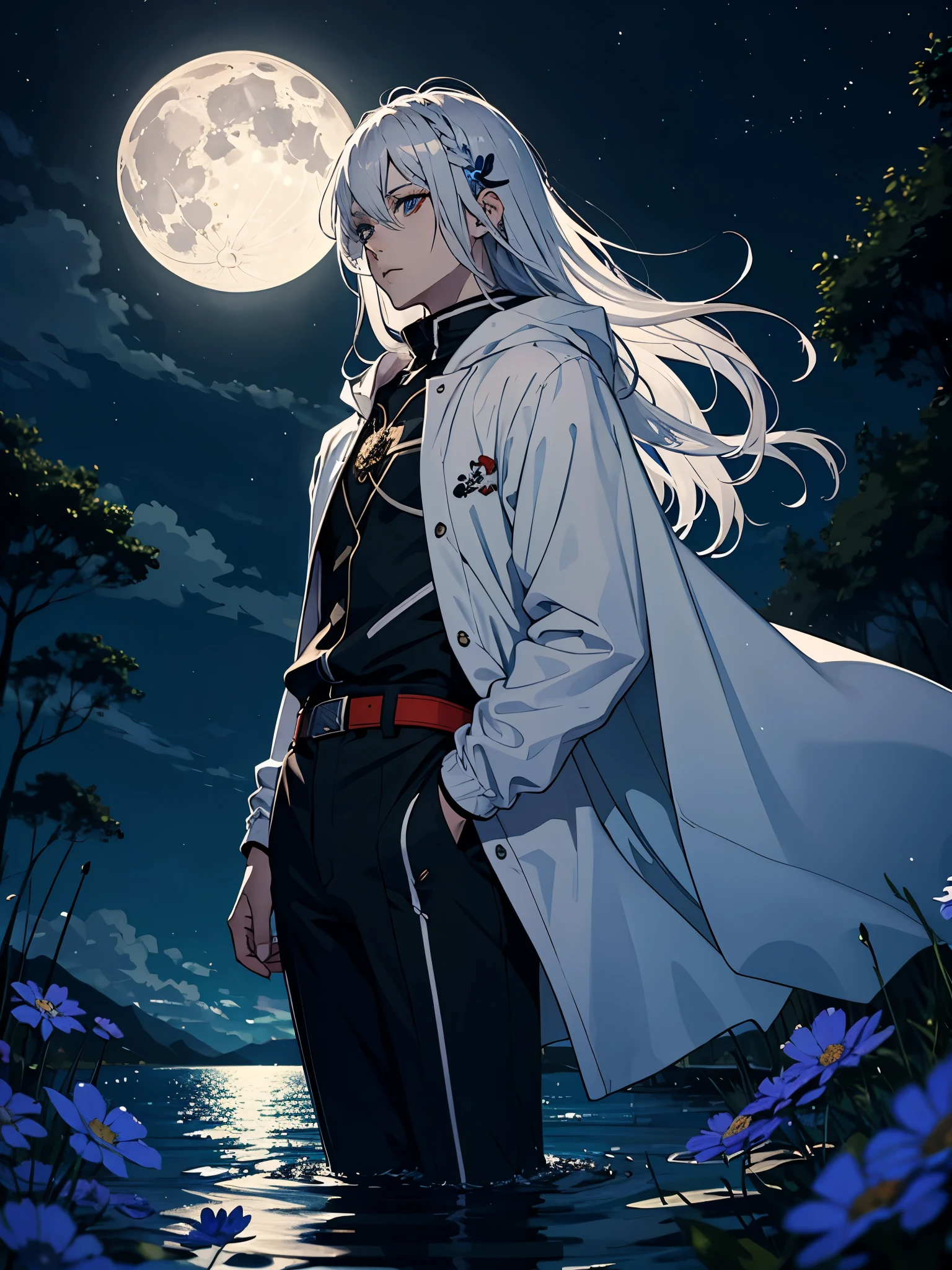 Jünger. Modern jacket. Modern times. Blaie Clothing. Lightening flowers. More anime. male. Blue flowers. Long hair. long white hair. aquatic, boy, God of the Moon, silver hair accessories, White hair, White dress, cape, at night.
