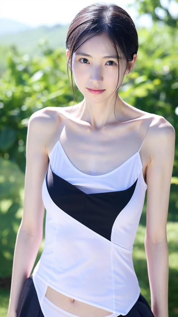 a female school teacher, very thin, pale white skin, visible bones, wet sweat, very slender body