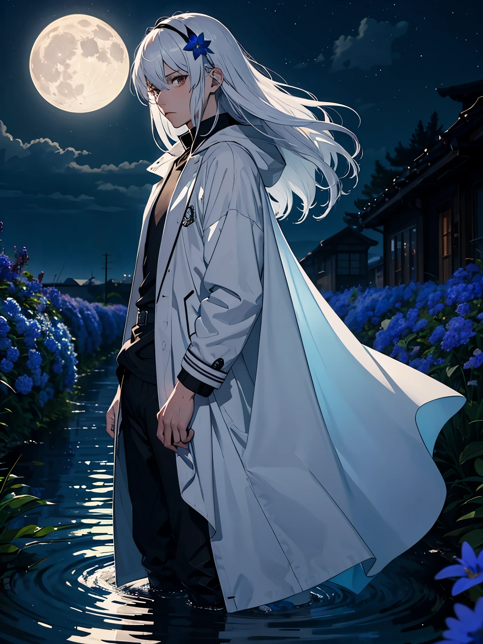 Jünger. Modern jacket. Modern times. Blaie Clothing. Lightening flowers. More anime. male. Blue flowers. Long hair. long white hair. aquatic, boy, God of the Moon, silver hair accessories, White hair, White dress, cape, at night.