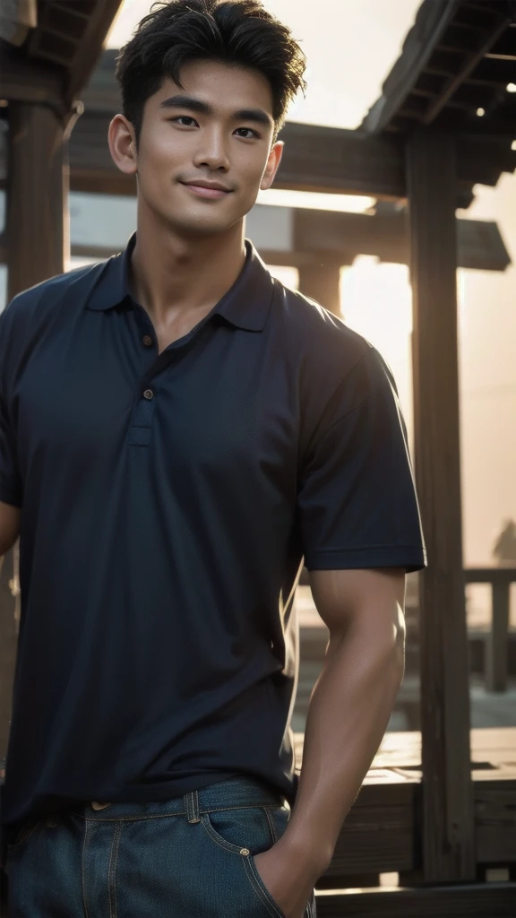 Natural light, realistic, Thai man, ทรงผมสั้น buzz cut, Handsome, muscular, big muscles, Broad shoulders, model, Wearing a navy blue polo shirt and jeans, he stood and smiled. , outdoor outside