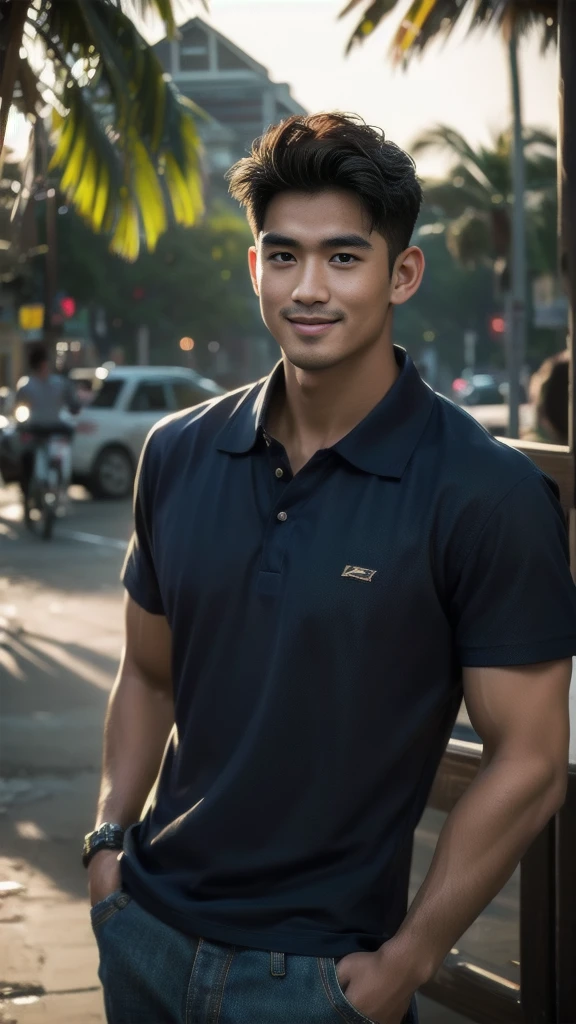 Natural light, realistic, Thai man, ทรงผมสั้น buzz cut, Handsome, muscular, big muscles, Broad shoulders, model, Wearing a navy blue polo shirt and jeans, he stood and smiled. , outdoor outside