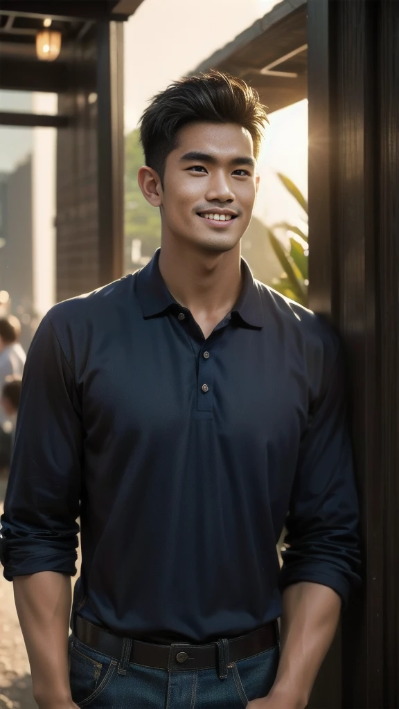 Natural light, realistic, Thai man, ทรงผมสั้น buzz cut, Handsome, muscular, big muscles, Broad shoulders, model,  Wearing a navy blue polo shirt and jeans, he stood and smiled. , outdoor outside