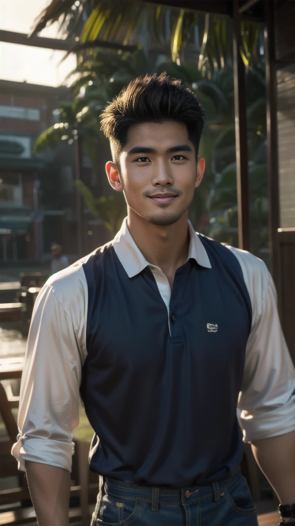 Natural light, realistic, Thai man, ทรงผมสั้น buzz cut, Handsome, muscular, big muscles, Broad shoulders, model, Wearing a navy blue polo shirt and jeans, he stood and smiled. , outdoor outside