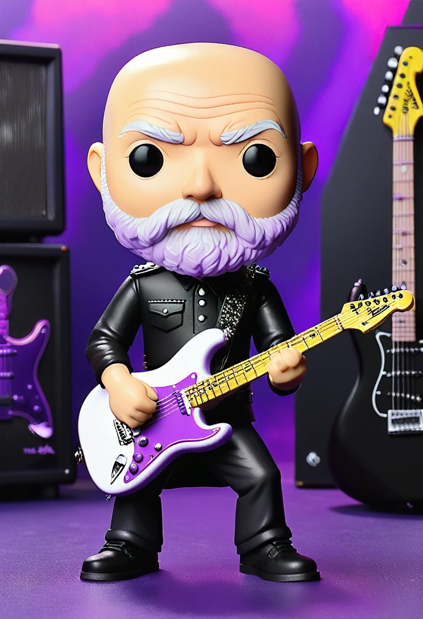 Bald David with white beard from Pink Floyd with The Black Strat Funko Pop with purple neon background, wearing all black.