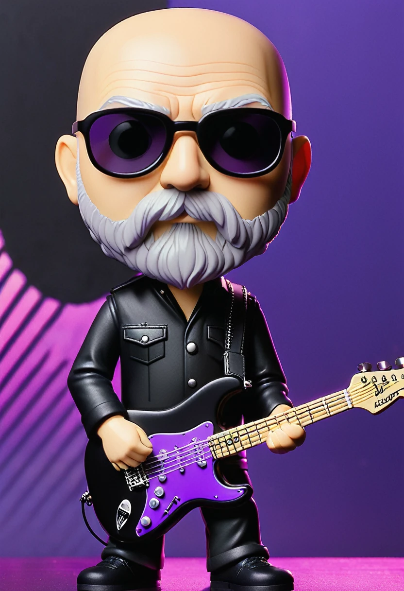 Bald David with white beard from Pink Floyd with The Black Strat Funko Pop with purple neon background, wearing all black.