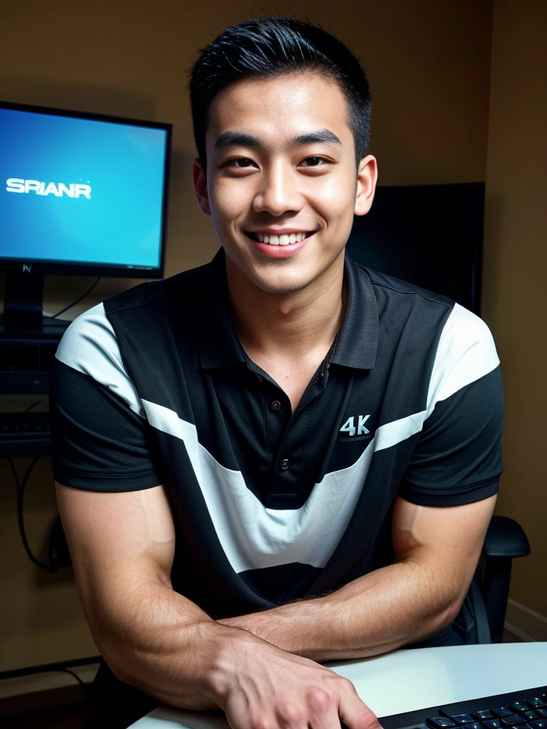 (best quality, 4K, 8K, high resolution, Masterpiece: 1.2), Special details, (realistically, As realistic as a photo, photo realistic: 1.37), Edge lighting, Extra detailed coloring, sharp focus, Physical rendering ,Extremely detailed description,professional,light color,Bokeh,Portrait,look at the viewer,
Young Asian man, 20 years old ,(Wearing a black polo shirt.), smile ,Computer room
