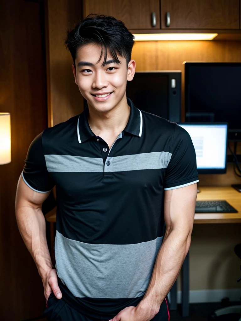 (best quality, 4K, 8k, high resolution, Masterpiece: 1.2), Special details, (realistically, As realistic as a photo, photo realistic: 1.37), Edge lighting, Extra detailed coloring, sharp focus, Physical rendering ,Extremely detailed description,professional,light color,Bokeh,Portrait,look at the viewer,
Young Asian man, 20 years old ,(Wearing a black polo shirt.), smile ,Computer room