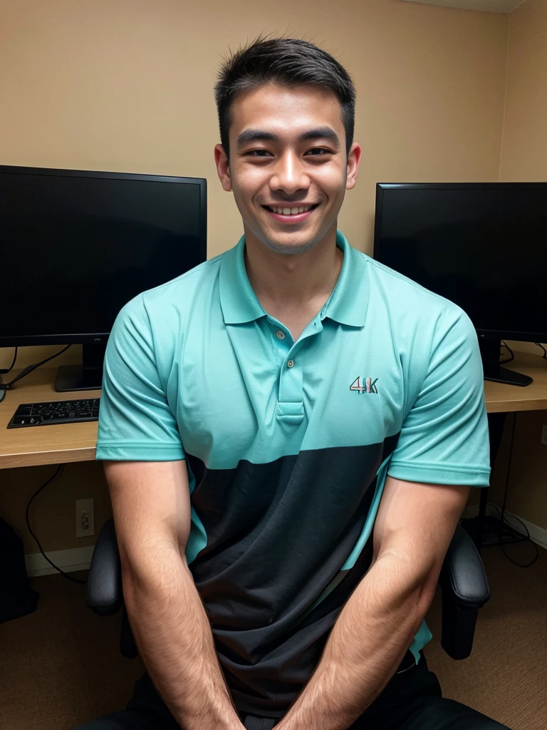 (best quality, 4K, 8K, high resolution, Masterpiece: 1.2), Special details, (realistically, As realistic as a photo, photo realistic: 1.37), Edge lighting, Extra detailed coloring, sharp focus, Physical rendering ,Extremely detailed description,professional,light color,Bokeh,Portrait,look at the viewer,
Young Asian man, 20 years old ,(Wearing a black polo shirt.), smile ,Computer room