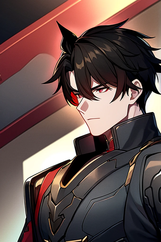 Man with black hair, dark eyes and black armor with red details with a black rose. With the face of a handsome man (detailed in Full HD 4K) 