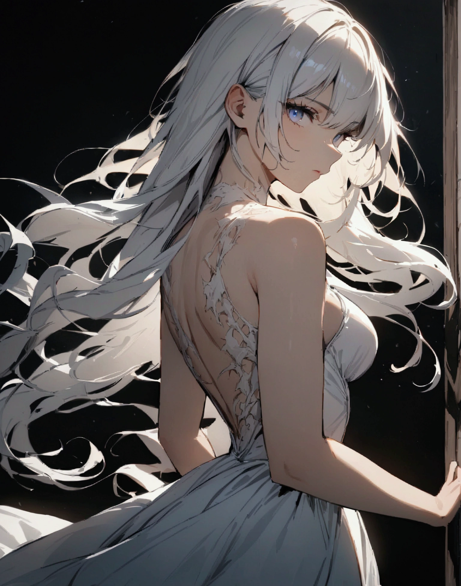 ((masterpiece)), ((best quality)), (from side1.32), (half-body shot:1.36), perfect anatomy, 1girl, solo, short white hair, flowing hair, shining blue eyes, scars around body, white dress, dramatic lighting, looking at viewers