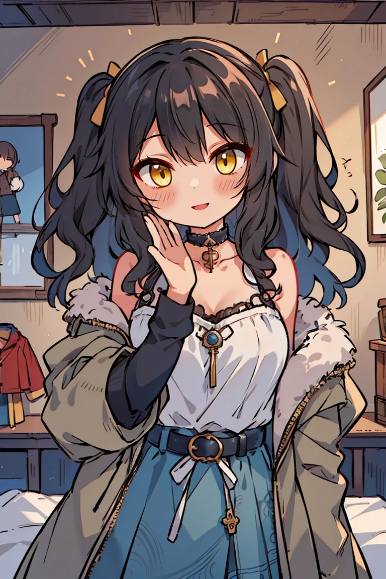 (masterpiece:1.2), (high quality:1.2), hui xiyi, rekkyo sensen, rekkyou sensen, girls with((1girl, solo, black hair, (wavy long hair, right swept bangs, wearing a red millitary beret, braids, hairclips:1.55), blush, breasts, choker, cleavage, coat, cowboy shot, blue clothes, dress, camisole, ribbon waist belt, collar, collarbone, rosary, rosary choker, cross, fur, fur trim, parka, khaki hoodie, green hoodie, hood down, hooded coat, hooded jacket, hoodie, jacket, large breasts, long sleeves, medium breasts, open clothes, open coat,open hoodie, sleeveless, winter clothes, zipper, cleavage, upper body, hand up, waving, palm)), background with((bedroom, room:2.0))