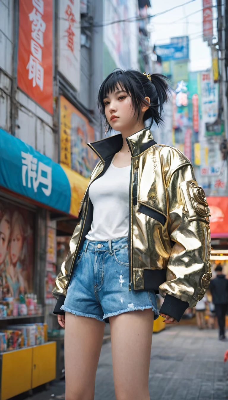 Boutique,best quality,Gold Jewelry,(slip out feet),Fairy Skin,(Honesty :1.2),permanent,Very detailed,Practical,high quality,light,Ray Tracing,Ultra HD,Upper Body, Girl in shorts and jacket stands next to giant, Gu Weiss style artwork, Cyberpunk mech, Trends on CGiStations, Gu Weiss, Lu Dongjun, Digital Cyberpunk Anime Art, Ross Tran 8k, Gu Weiss on ArtStation Pixiv, Mecha Cyber Armored Girl
