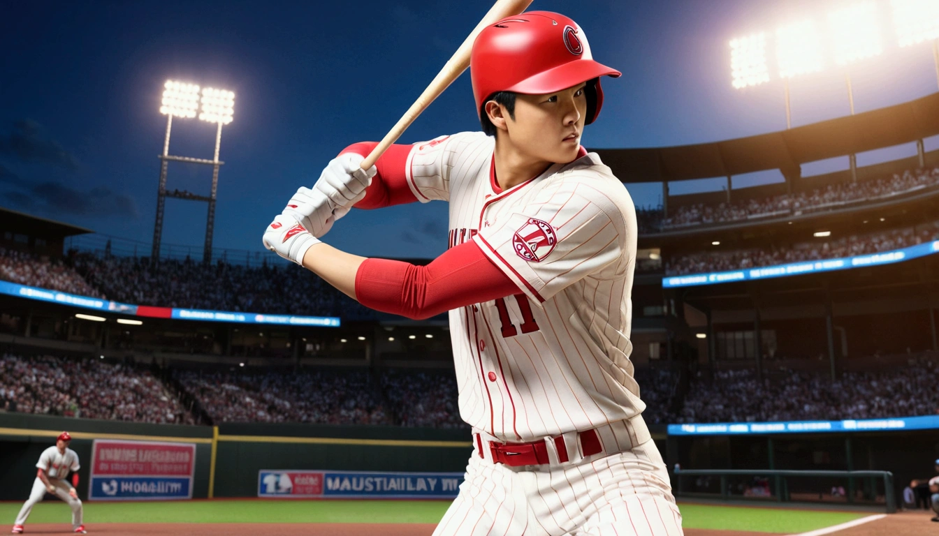 1boy, Shohei Ohtani, baseball player, batting stance, hitting home run, cinematic angle, detailed facial features, realistic, hyper-realistic, photorealistic, (best quality,4k,8k,highres,masterpiece:1.2),ultra-detailed,(realistic,photorealistic,photo-realistic:1.37),studio lighting,vivid colors,dramatic lighting