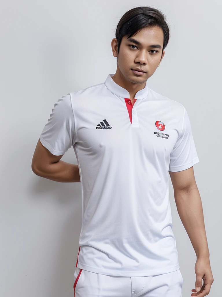 use picture hendra permana suherman, wearing a white uniform with BRIN logo, wearing a white shirt with BRIN logo, red background, straight body position and perfect attitude, face and eyes looking straight, photo of only the upper half of the body