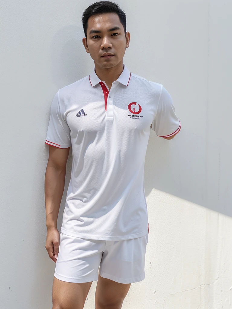 use picture hendra permana suherman, wearing a white uniform with BRIN logo, wearing a white shirt with BRIN logo, red background, straight body position and perfect attitude, face and eyes looking straight, photo of only the upper half of the body