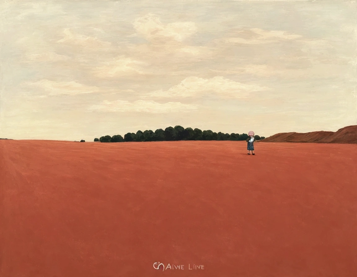Little boy covers his ears with his hands,On a green meadow,There are some pink clouds floating in the blue sky, Minimalism, author:Money.Tire.Salar Road